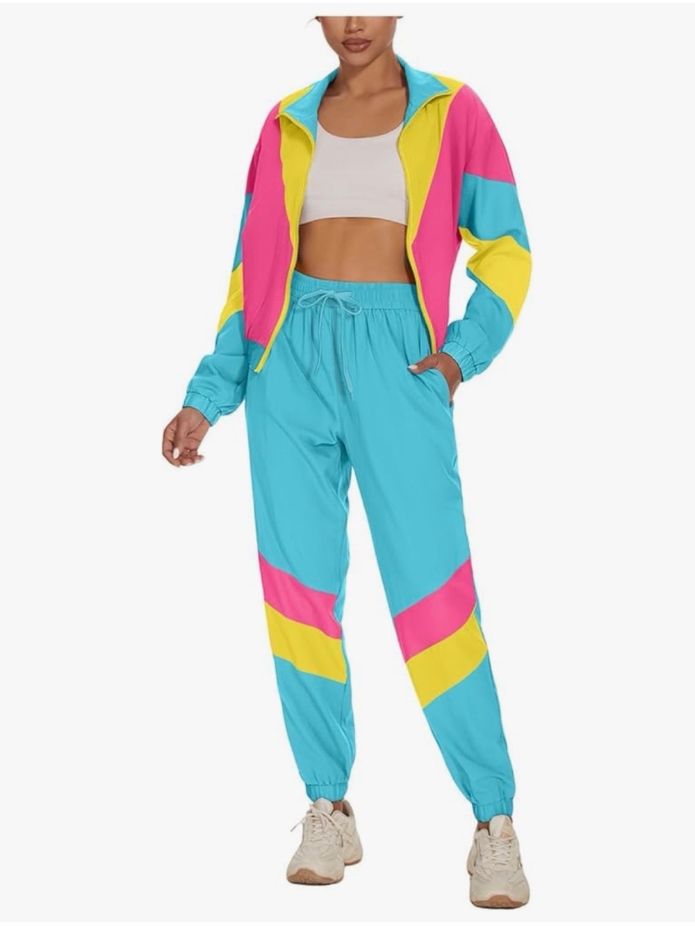 Colorblock Windbreaker Jogger Set - Turquoise, Pink & Yellow
